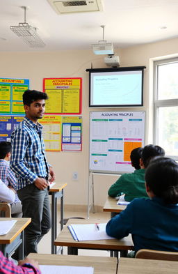 An educational scene depicting a high school accountancy project presentation by a student named Vidit Dholakia from class 12th C