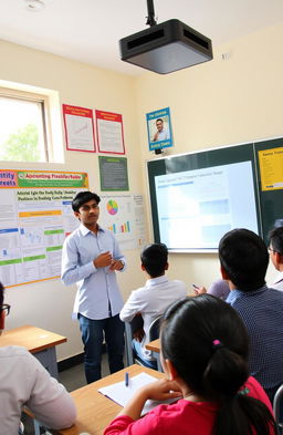 An educational scene depicting a high school accountancy project presentation by a student named Vidit Dholakia from class 12th C