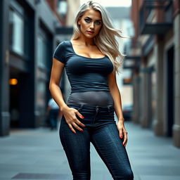 A sexy tall hourglass-shaped woman with medium breasts, wide hips, thick inner thighs, and long, shapely legs