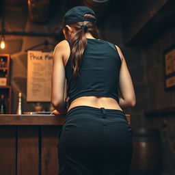 A close-up view from behind of a woman with a brunette ponytail wearing a black cap, bent over a wooden counter