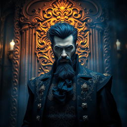 A visually enchanting interpretation of Bluebeard, depicting a mysterious and regal man with dark blue hair and a captivating aura, standing in a dimly lit, opulent room filled with rich textures and intricate patterns