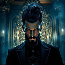 A visually enchanting interpretation of Bluebeard, depicting a mysterious and regal man with dark blue hair and a captivating aura, standing in a dimly lit, opulent room filled with rich textures and intricate patterns