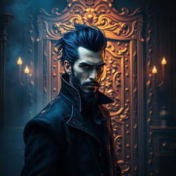 A visually enchanting interpretation of Bluebeard, depicting a mysterious and regal man with dark blue hair and a captivating aura, standing in a dimly lit, opulent room filled with rich textures and intricate patterns