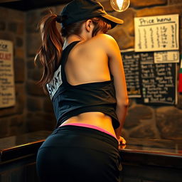 A close-up image of a brunette woman with a ponytail, wearing a black cap, bending over a counter in a cellar