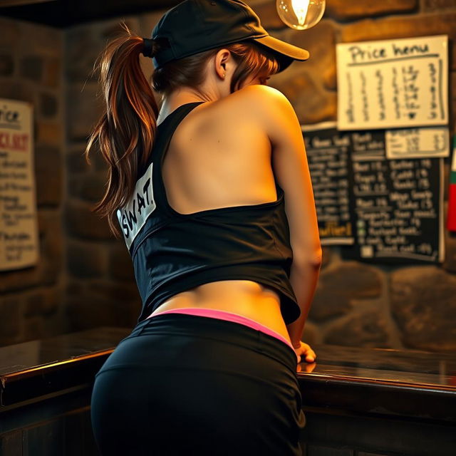 A close-up image of a brunette woman with a ponytail, wearing a black cap, bending over a counter in a cellar