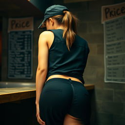 A close-up shot from behind of a brunette woman with a ponytail wearing a black cap, bending over a counter in a cellar