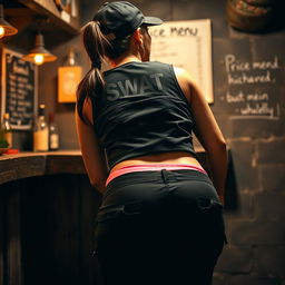 A close-up view from behind, focusing on a voluptuous bubble butt of a brunette with a ponytail tucked under a sleek black cap