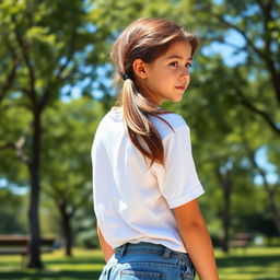 A realistic portrait of a teenage girl with long brown hair tied in a loose ponytail, wearing a casual white t-shirt and denim shorts