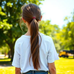 A realistic portrait of a teenage girl with long brown hair tied in a loose ponytail, wearing a casual white t-shirt and denim shorts