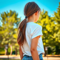 A realistic portrait of a teenage girl with long brown hair tied in a loose ponytail, wearing a casual white t-shirt and denim shorts