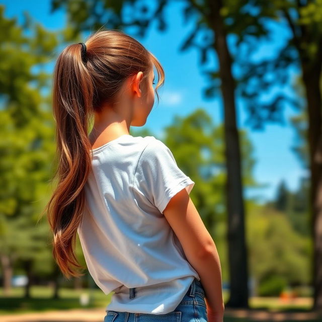 A realistic portrait of a teenage girl with long brown hair tied in a loose ponytail, wearing a casual white t-shirt and denim shorts