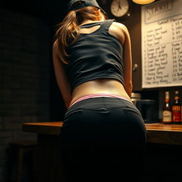 A detailed close-up shot focusing on a woman's backside, featuring a brunette with a ponytail visible under a black cap