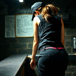 A detailed close-up shot focusing on a woman's backside, featuring a brunette with a ponytail visible under a black cap