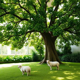 A lush green indoor scene featuring a large, leafy tree with a sturdy trunk, its branches spreading wide