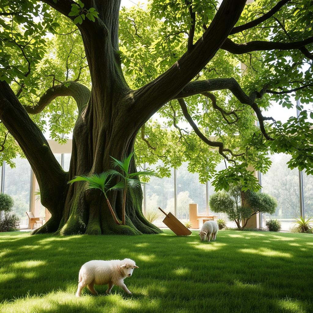 A lush green indoor scene featuring a large, leafy tree with a sturdy trunk, its branches spreading wide