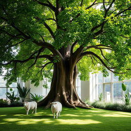 A lush green indoor scene featuring a large, leafy tree with a sturdy trunk, its branches spreading wide