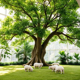 A lush green indoor scene featuring a large, leafy tree with a sturdy trunk, its branches spreading wide