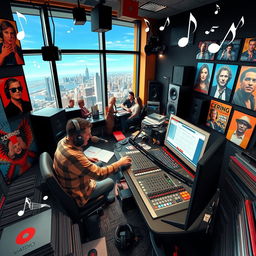 A vibrant and bustling radio station studio filled with an array of equipment and energy
