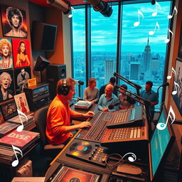 A vibrant and bustling radio station studio filled with an array of equipment and energy