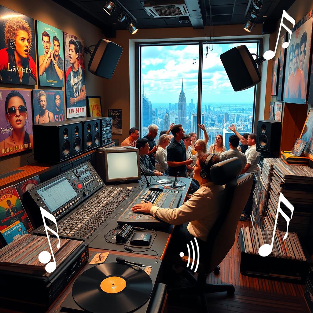 A vibrant and bustling radio station studio filled with an array of equipment and energy