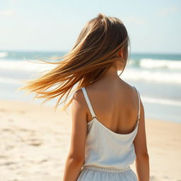 A realistic scene featuring a young adolescent girl on a sunny beach, facing away from the viewer