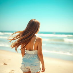 A realistic scene featuring a young adolescent girl on a sunny beach, facing away from the viewer