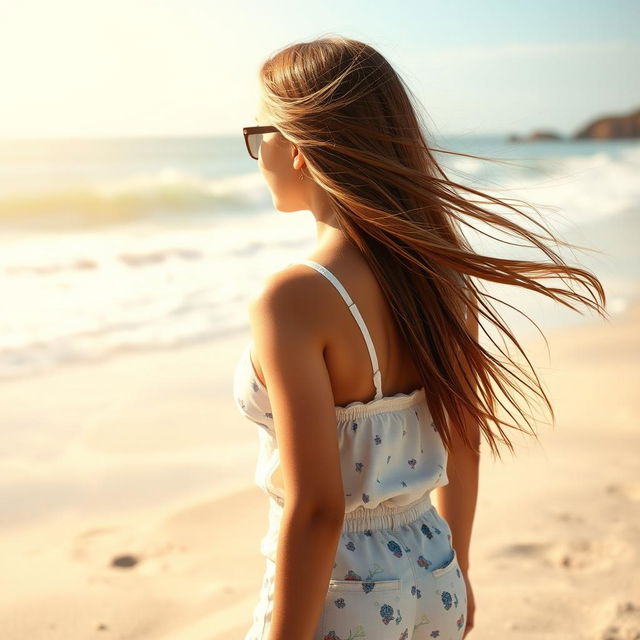 A realistic scene featuring a young adolescent girl on a sunny beach, facing away from the viewer