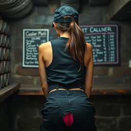A close-up view of a brunette woman with a ponytail seen from behind, bending over a counter in a cellar