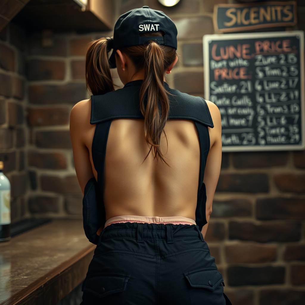 A close-up view of a brunette woman with a ponytail seen from behind, bending over a counter in a cellar