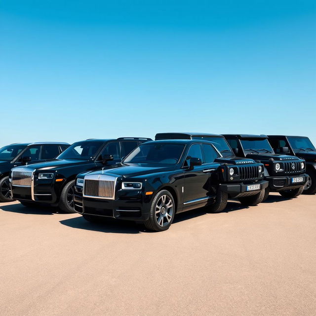 A stunning lineup of luxurious black cars, arranged in a neat line