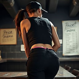 A close-up shot from behind of a brunette woman with a ponytail visible under a black cap, bending over a counter