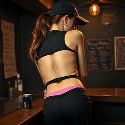A close-up shot from behind of a brunette woman with a ponytail visible under a black cap, bending over a counter