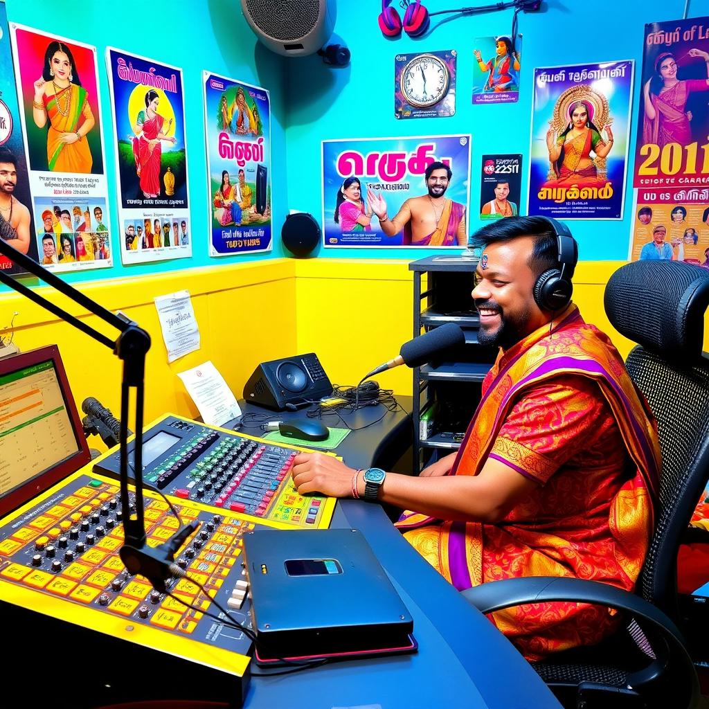 A lively Tamil radio station studio that vividly reflects the rich culture and vibrant community of Tamil Nadu