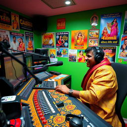 A lively Tamil radio station studio that vividly reflects the rich culture and vibrant community of Tamil Nadu