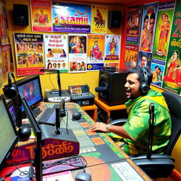 A lively Tamil radio station studio that vividly reflects the rich culture and vibrant community of Tamil Nadu