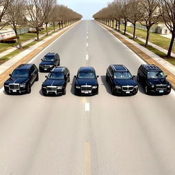 A stunning lineup featuring eight luxurious black cars on a pristine avenue