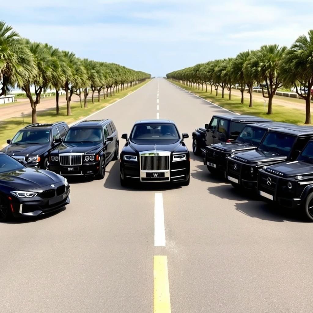 A stunning lineup featuring eight luxurious black cars on a pristine avenue