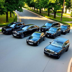 A stunning lineup featuring eight luxurious black cars on a pristine avenue