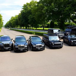 A stunning lineup featuring eight luxurious black cars on a pristine avenue