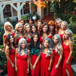 A lively scene featuring fifteen stunning 45-year-old women, each with different hair colors including platinum blonde, chestnut brown, deep black, fiery red, soft auburn, silver grey, and pastel shades like lavender and teal