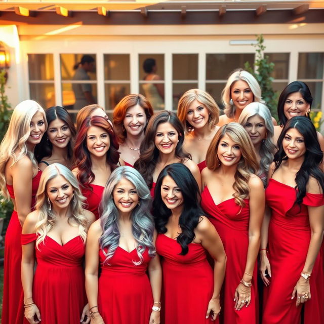 A lively scene featuring fifteen stunning 45-year-old women, each with different hair colors including platinum blonde, chestnut brown, deep black, fiery red, soft auburn, silver grey, and pastel shades like lavender and teal