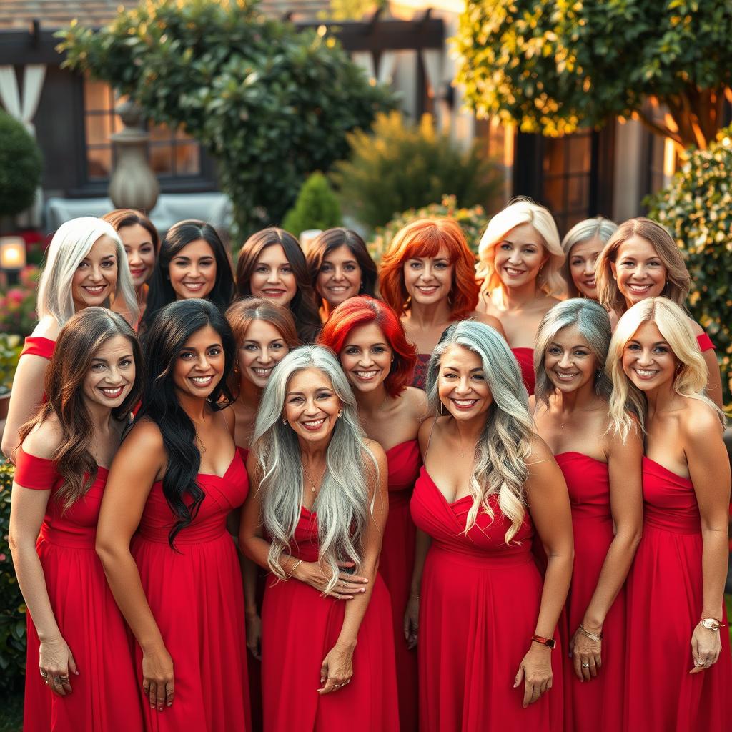 A lively scene featuring fifteen stunning 45-year-old women, each with different hair colors including platinum blonde, chestnut brown, deep black, fiery red, soft auburn, silver grey, and pastel shades like lavender and teal