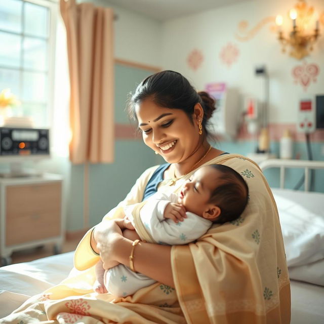 A heartwarming scene inside a Tamil hospital maternity ward, capturing the joyous moment of a baby being born