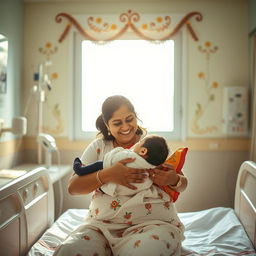 A heartwarming scene inside a Tamil hospital maternity ward, capturing the joyous moment of a baby being born