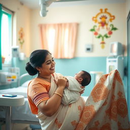 A heartwarming scene inside a Tamil hospital maternity ward, capturing the joyous moment of a baby being born