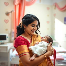 A heartwarming scene inside a Tamil hospital maternity ward, capturing the joyous moment of a baby being born