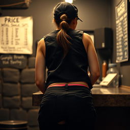 A close-up view from behind of a brunette woman with a ponytail wearing a black cap, bending over a counter