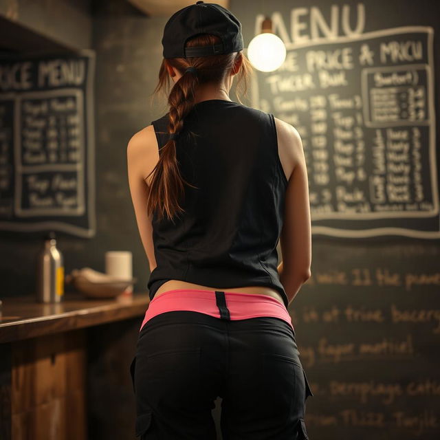 A close-up view from behind of a brunette woman with a ponytail wearing a black cap, bending over a counter