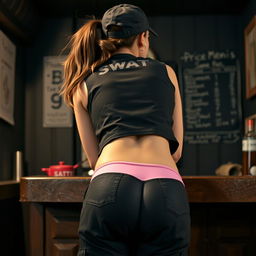 A close-up view from behind of a brunette woman with a ponytail wearing a black cap, bending over a counter