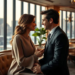 A romantic scene depicting a successful CEO and a regular woman sharing a heartfelt moment